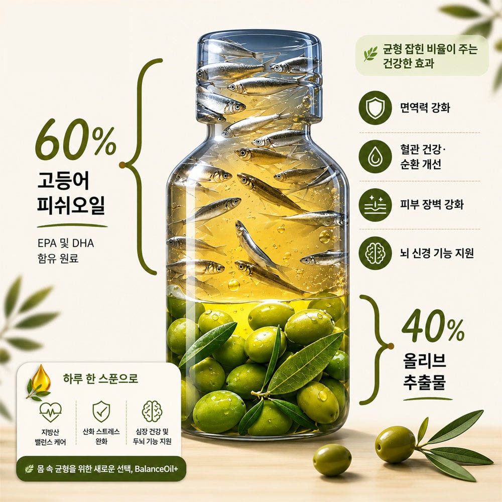 병 안에 60% 어유(작은 생선)와 40% 올리브가 층을 이룬 구성 일러스트