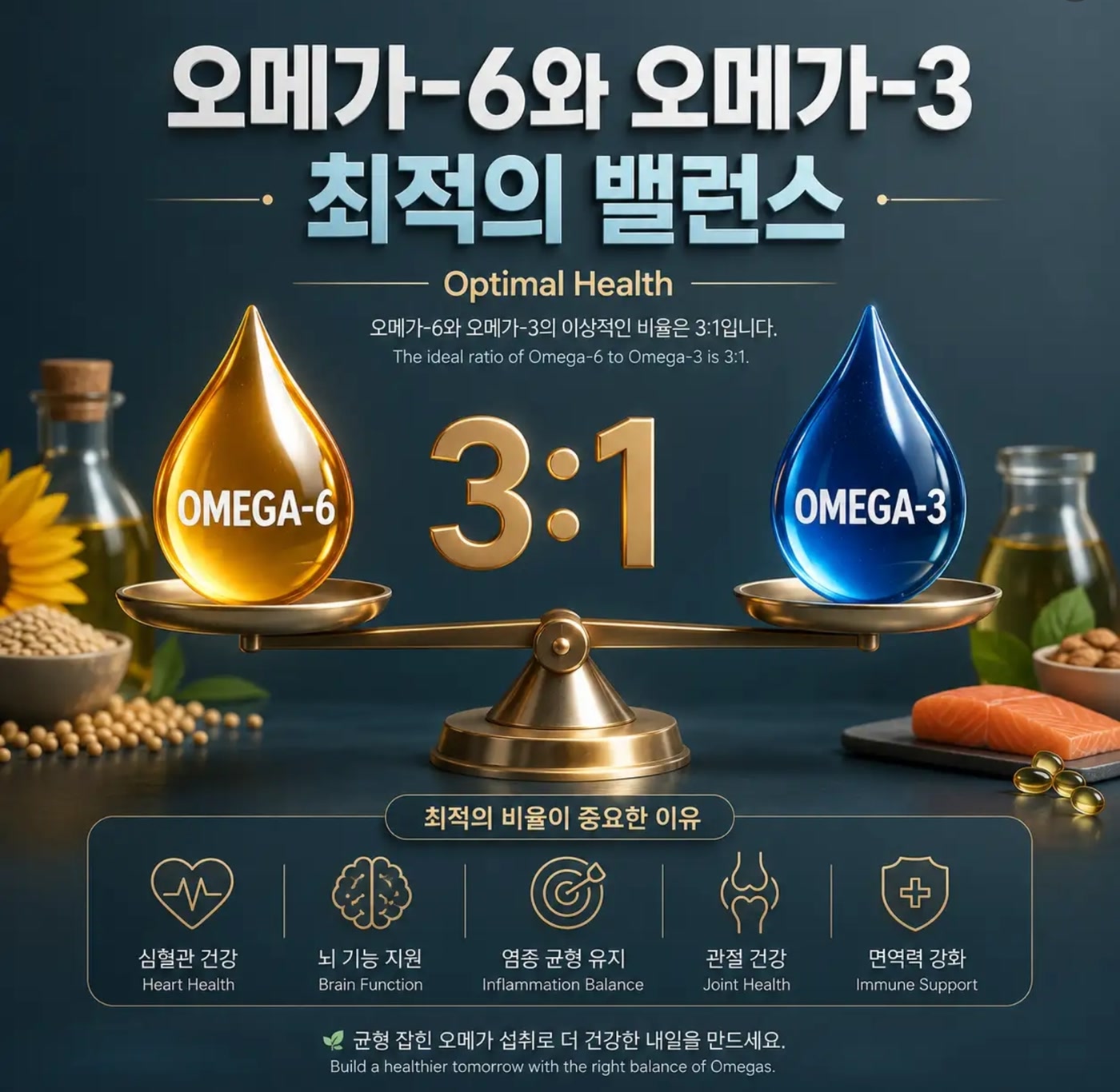 오메가6와 오메가3의 이상적인 비율 3:1을 나타내는 황금 저울